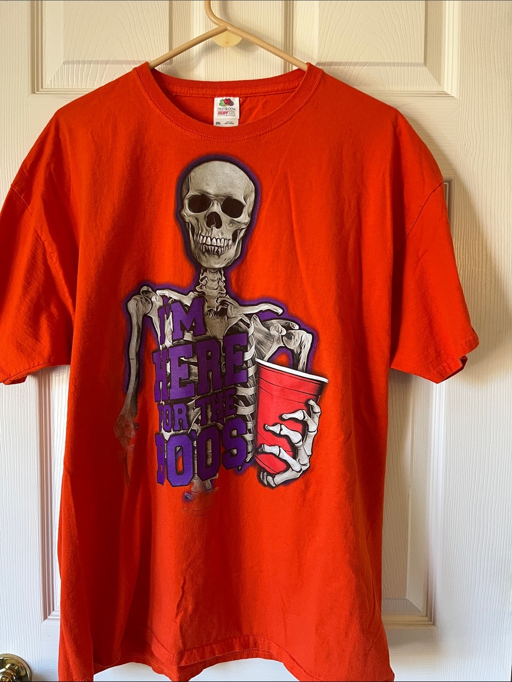 Fruit of the Loom Orange Graphic Tee with Skeleton and Red Cup